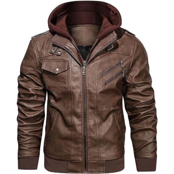 Mens Casual Stand Collar Slim PU Leather Bomber Jacket